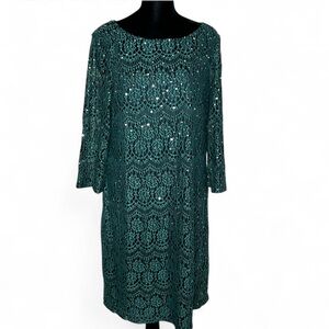 JH EVENINGS Green Sequin Lace Midi Dress 16, Long SleevesRound Neck NWT